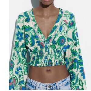 Zara Green Floral Linen Blend Smocked Waist Ballon Sleeve Crop Top S (bx31)
